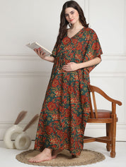 Floral Print Dark Green Cotton Maternity Kaftan full length