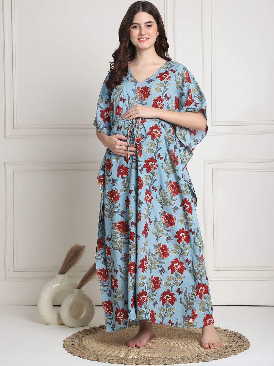 Floral Print Sky Blue Cotton Maternity Kaftan full length