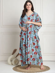 Floral Print Sky Blue Cotton Maternity Kaftan full length