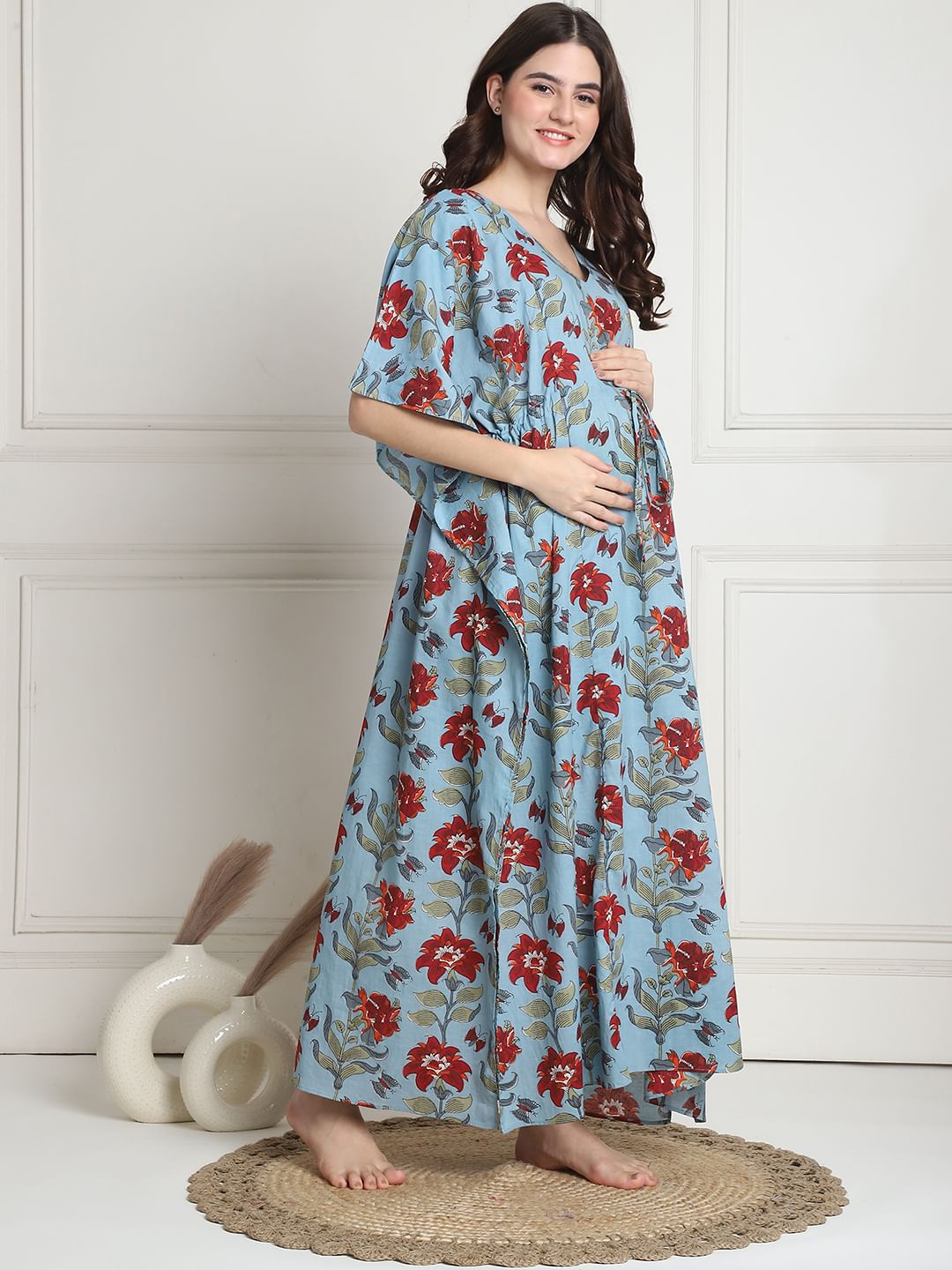 Floral Print Sky Blue Cotton Maternity Kaftan full length