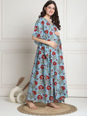 Floral Print Sky Blue Cotton Maternity Kaftan full length