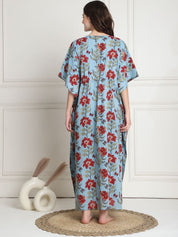 Floral Print Sky Blue Cotton Maternity Kaftan full length