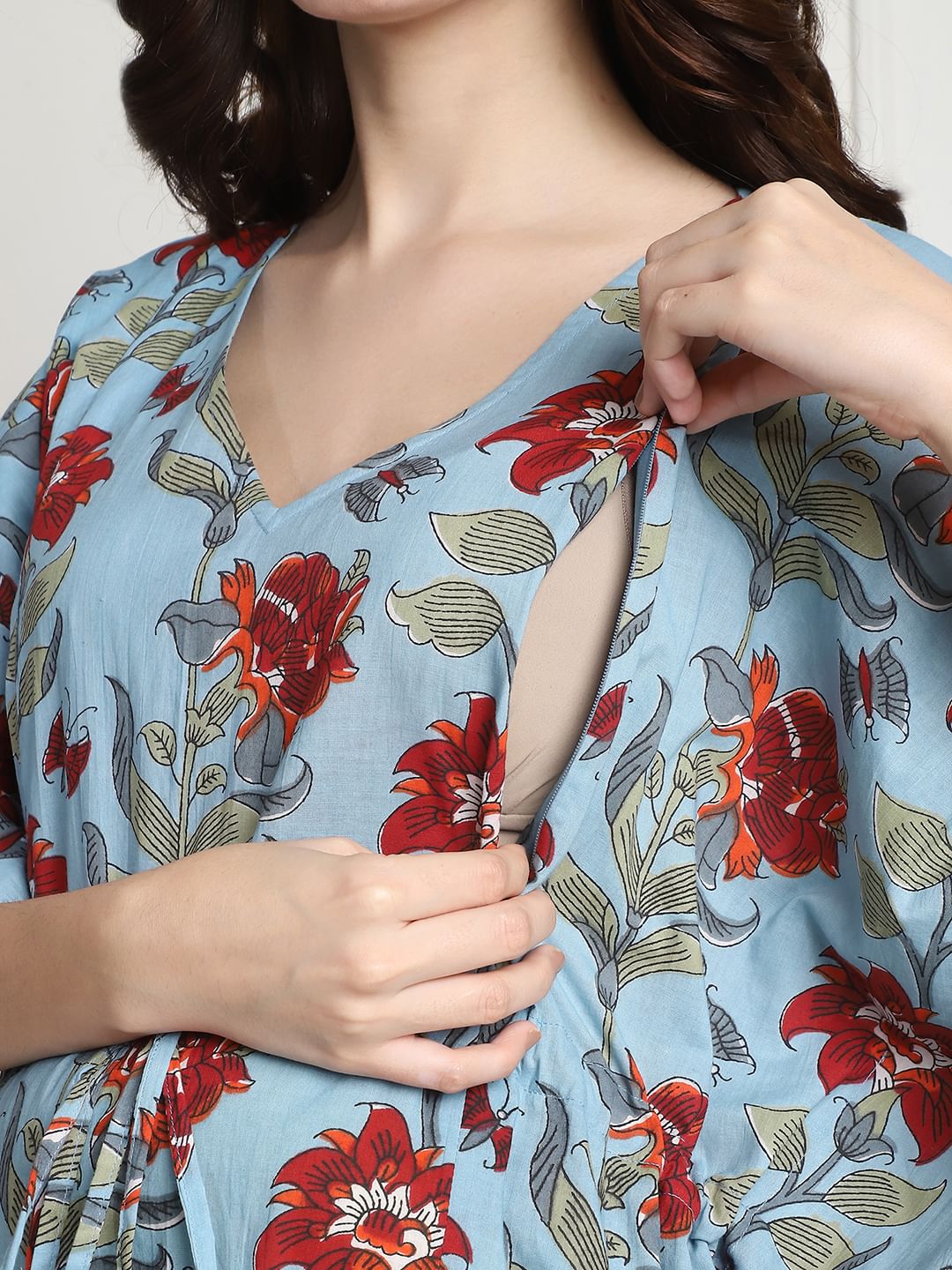 Floral Print Sky Blue Cotton Maternity Kaftan full length