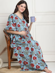 Floral Print Sky Blue Cotton Maternity Kaftan full length