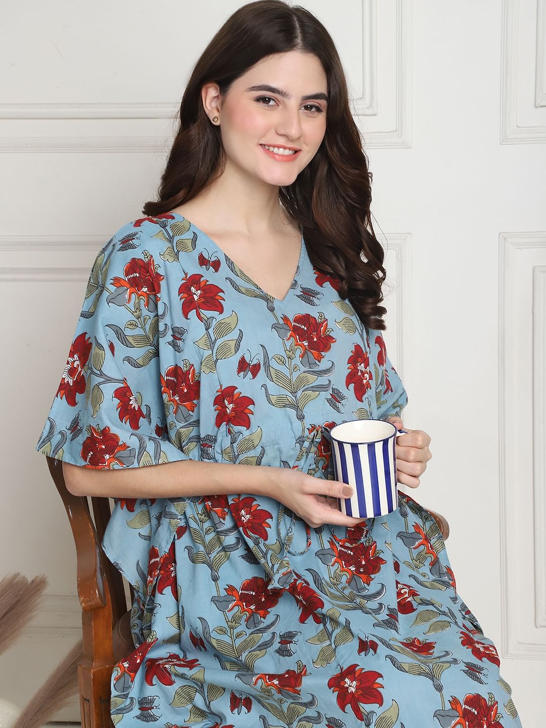 Floral Print Sky Blue Cotton Maternity Kaftan full length