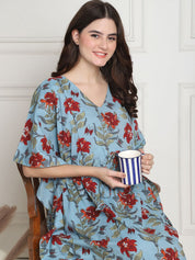Floral Print Sky Blue Cotton Maternity Kaftan full length