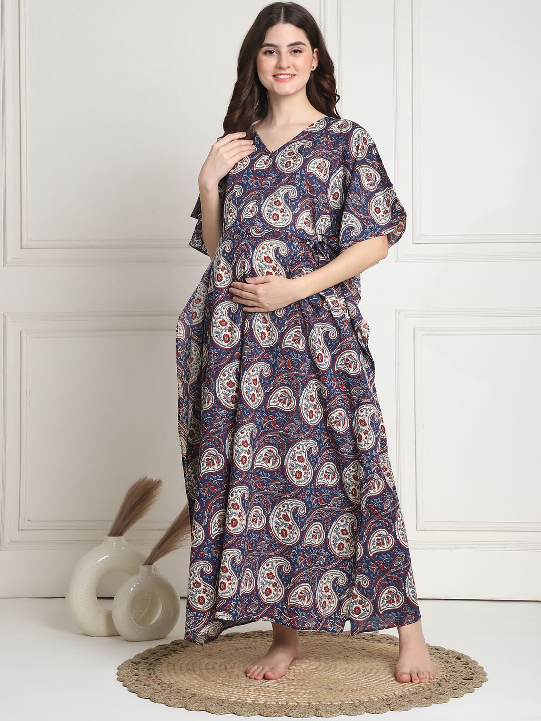 Printed Blue Cotton Maternity Kaftan full length