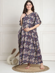 Printed Blue Cotton Maternity Kaftan full length