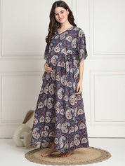 Printed Blue Cotton Maternity Kaftan full length