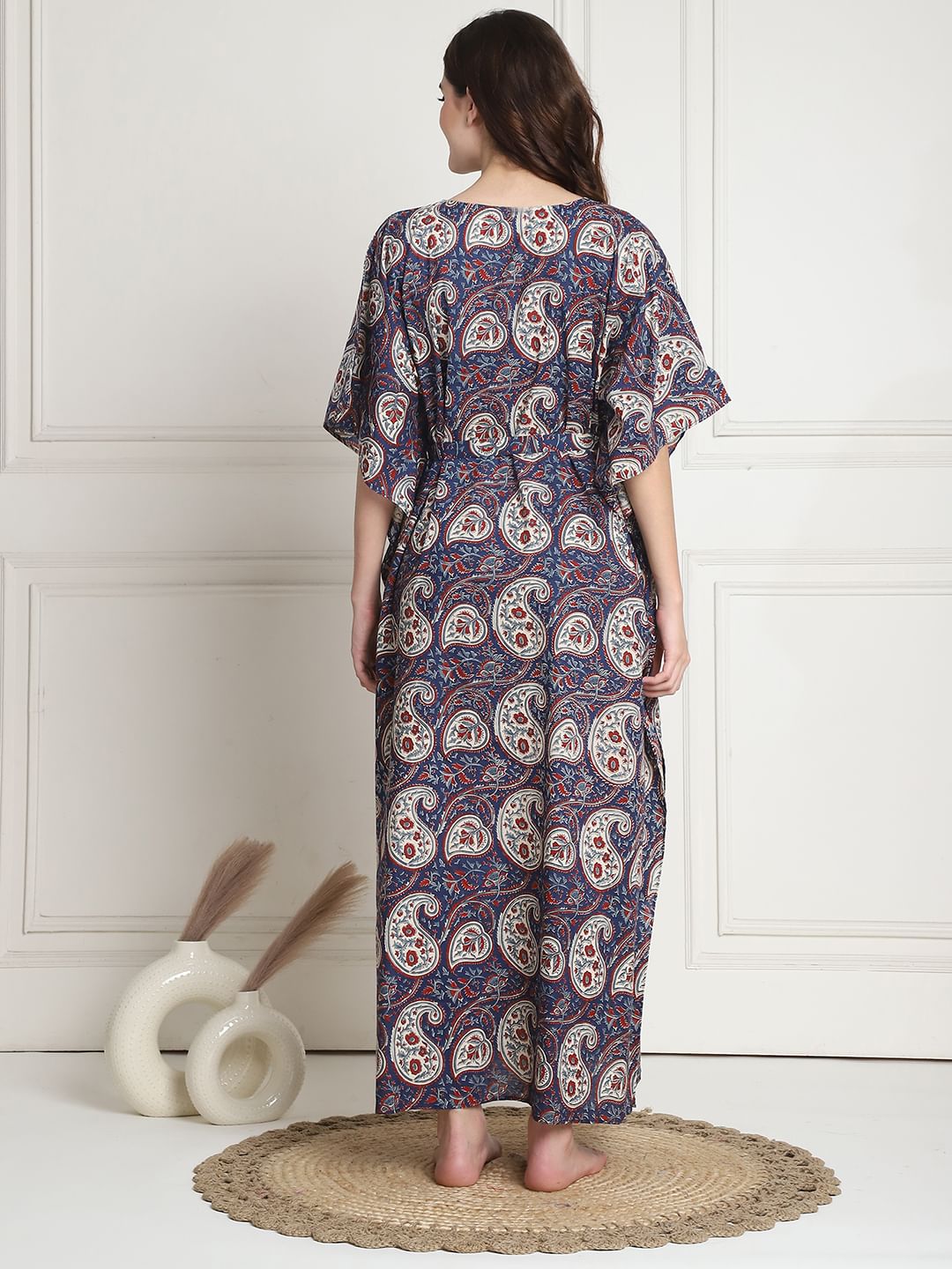Printed Blue Cotton Maternity Kaftan full length