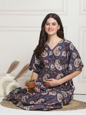 Printed Blue Cotton Maternity Kaftan full length