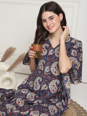 Printed Blue Cotton Maternity Kaftan full length