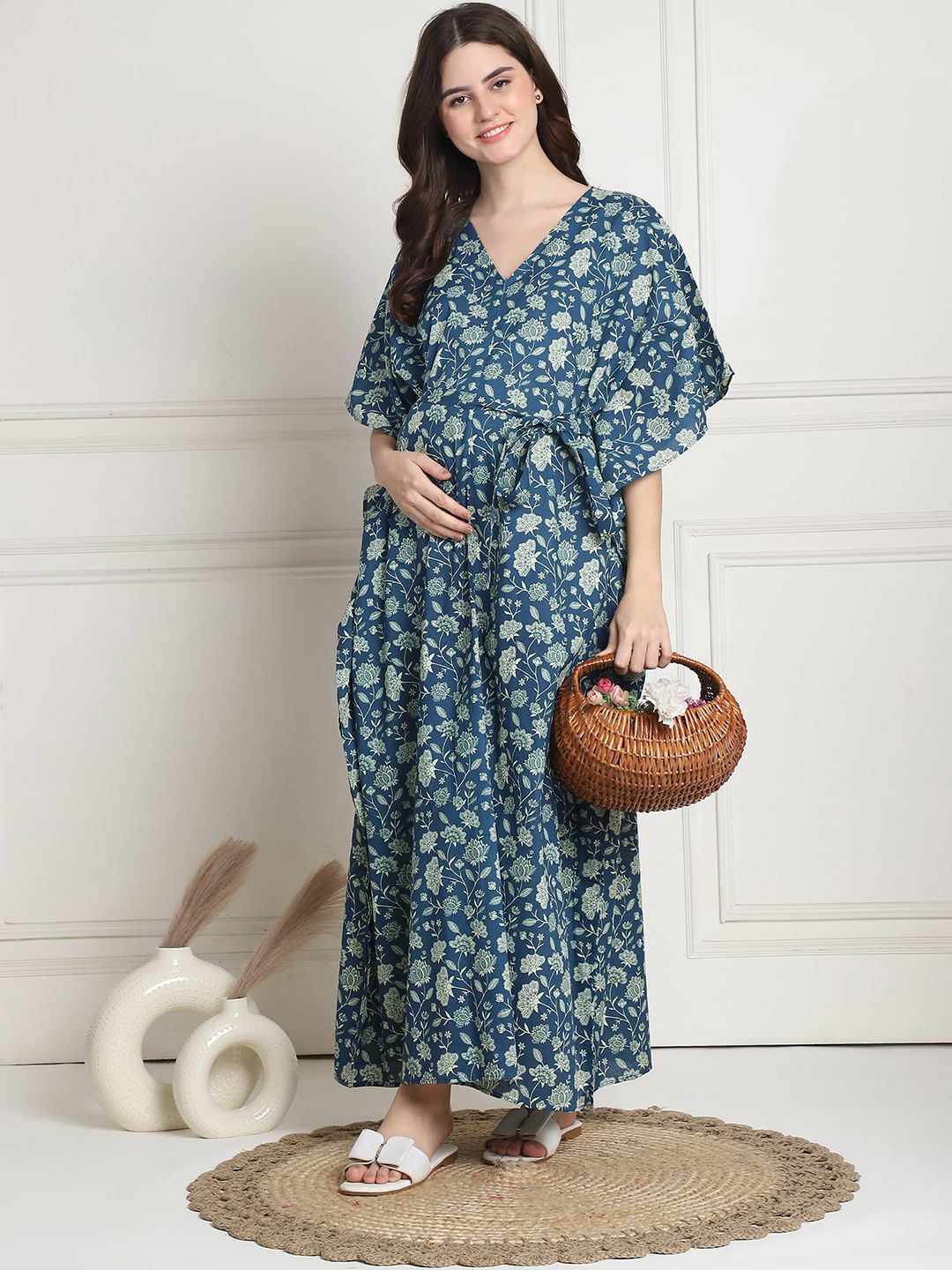 Floral Print Blue Cotton Maternity Kaftan full length