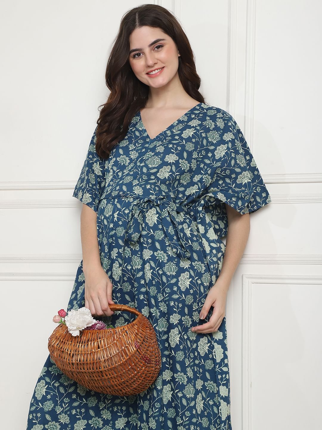 Floral Print Blue Cotton Maternity Kaftan full length