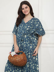 Floral Print Blue Cotton Maternity Kaftan full length