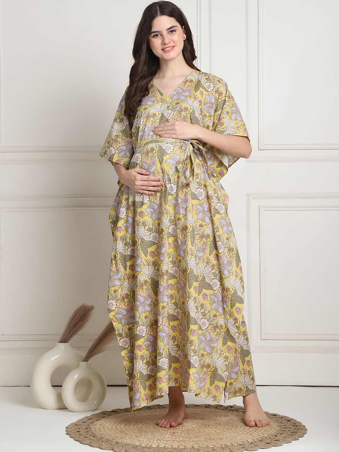 Floral Print Yellow Cotton Maternity Kaftan full length