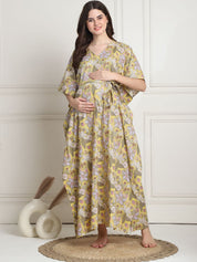 Floral Print Yellow Cotton Maternity Kaftan full length