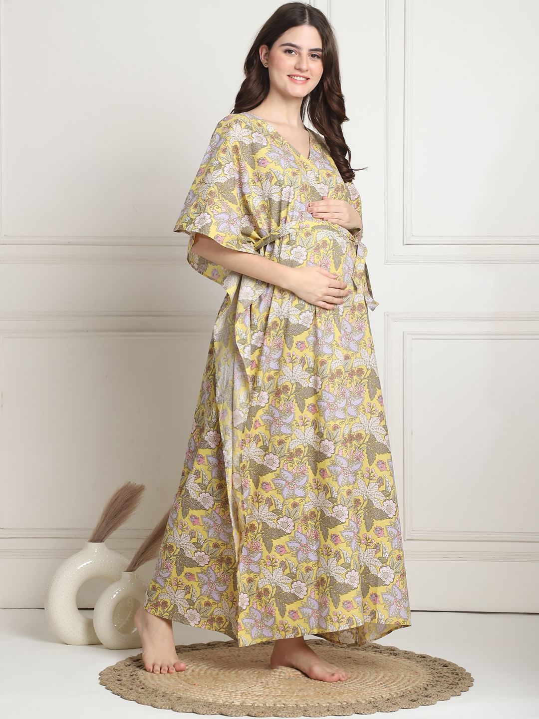 Floral Print Yellow Cotton Maternity Kaftan full length