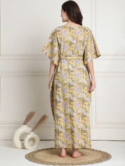 Floral Print Yellow Cotton Maternity Kaftan full length