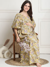 Floral Print Yellow Cotton Maternity Kaftan full length