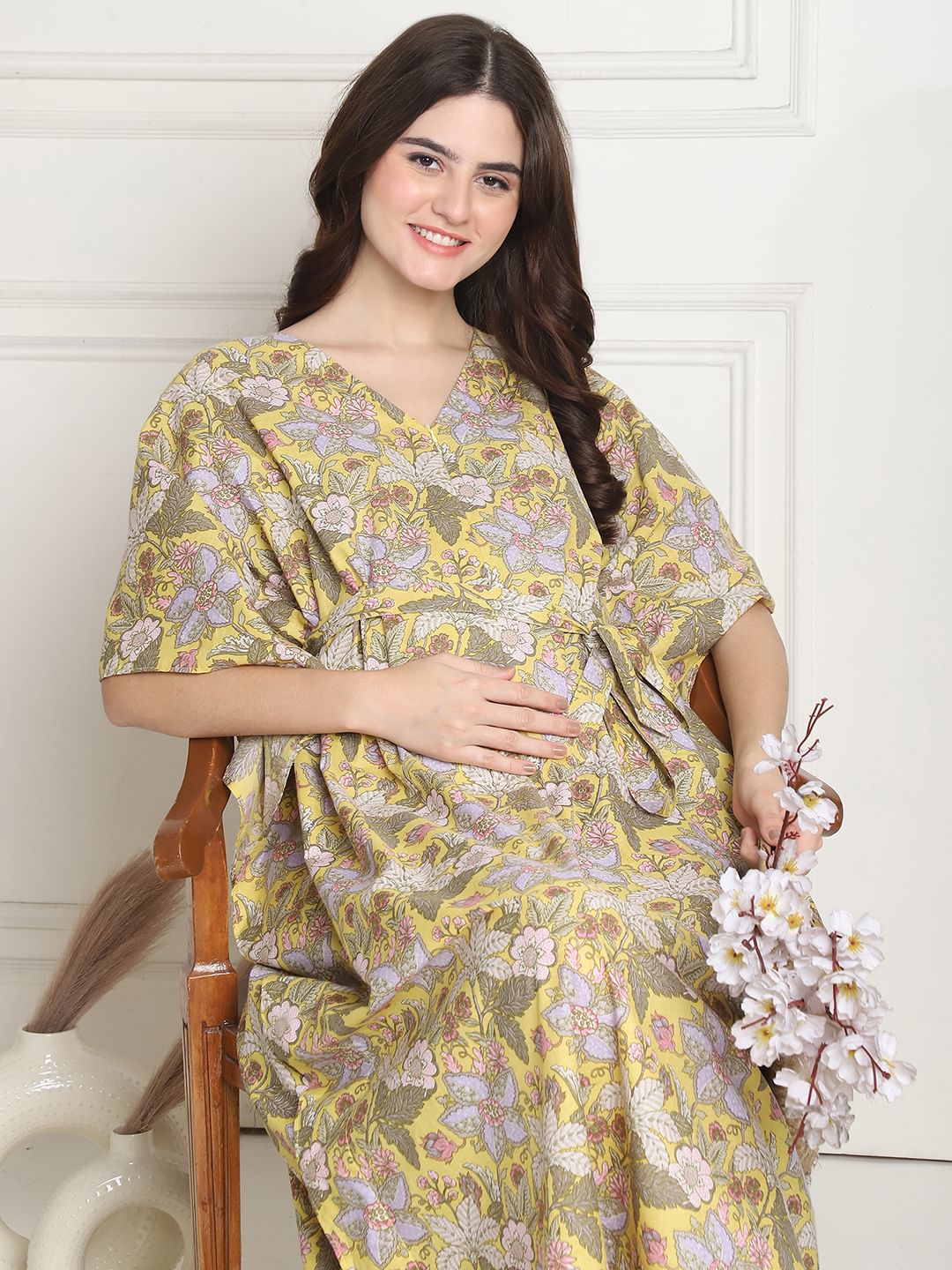 Floral Print Yellow Cotton Maternity Kaftan full length