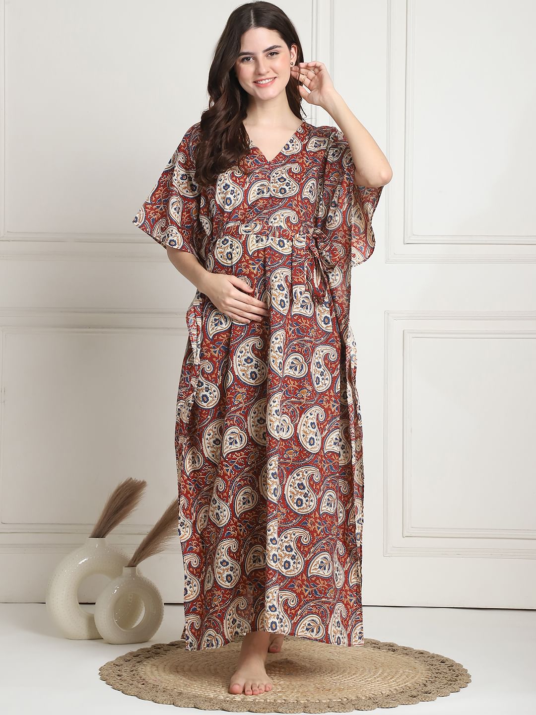 Printed Maroon Cotton Maternity Kaftan full length