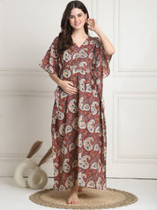 Printed Maroon Cotton Maternity Kaftan full length