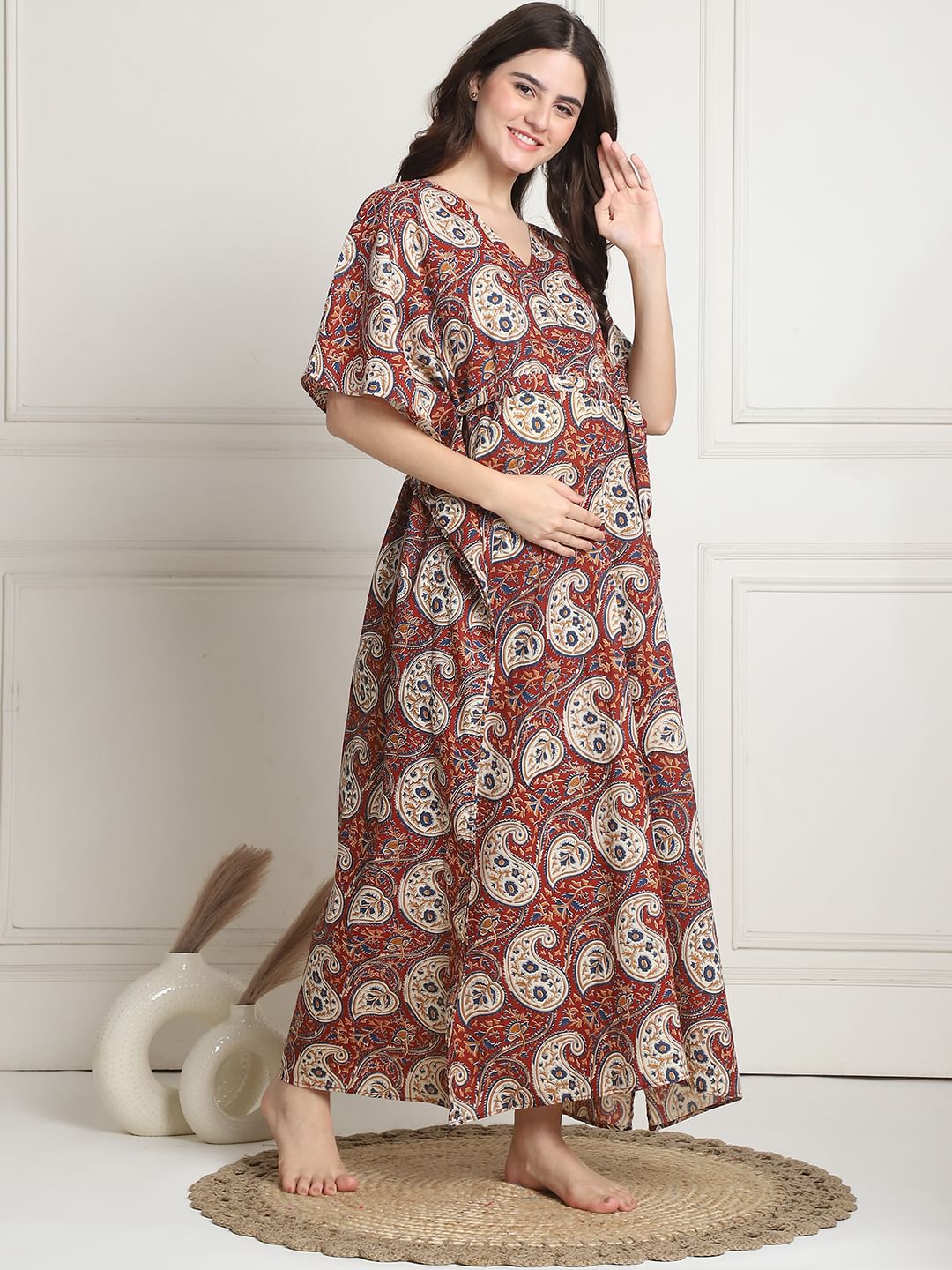 Printed Maroon Cotton Maternity Kaftan full length