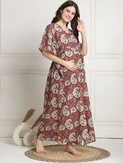 Printed Maroon Cotton Maternity Kaftan full length