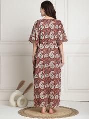 Printed Maroon Cotton Maternity Kaftan full length
