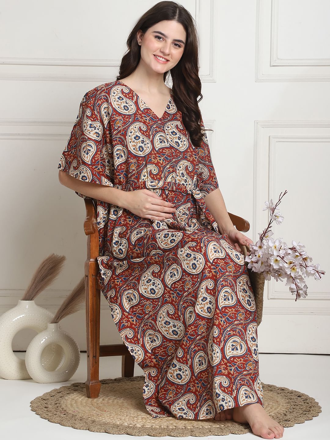 Printed Maroon Cotton Maternity Kaftan full length