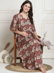 Printed Maroon Cotton Maternity Kaftan full length