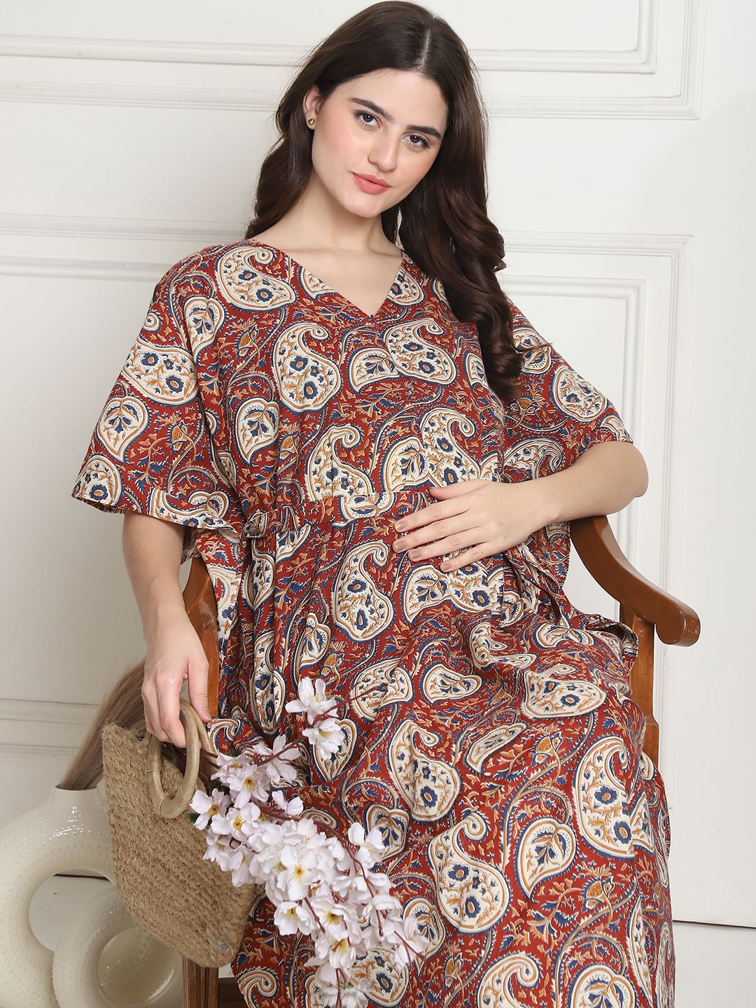 Printed Maroon Cotton Maternity Kaftan full length