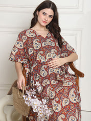 Printed Maroon Cotton Maternity Kaftan full length