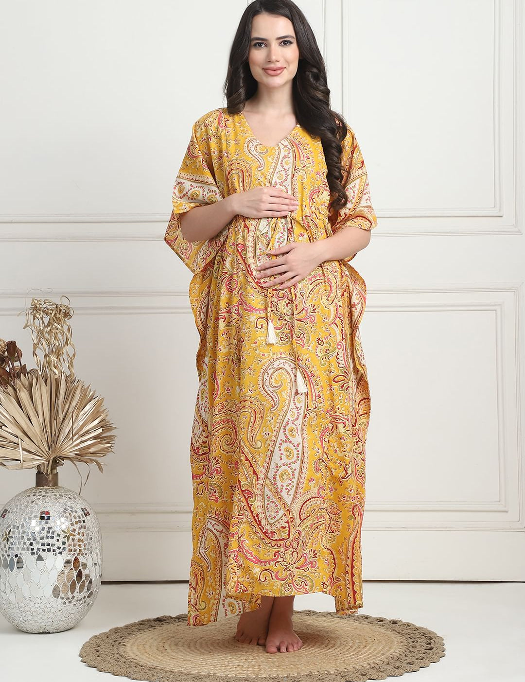 Printed Yellow Cotton Maternity Kaftan Full Length