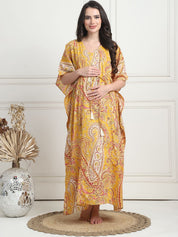 Printed Yellow Cotton Maternity Kaftan Full Length