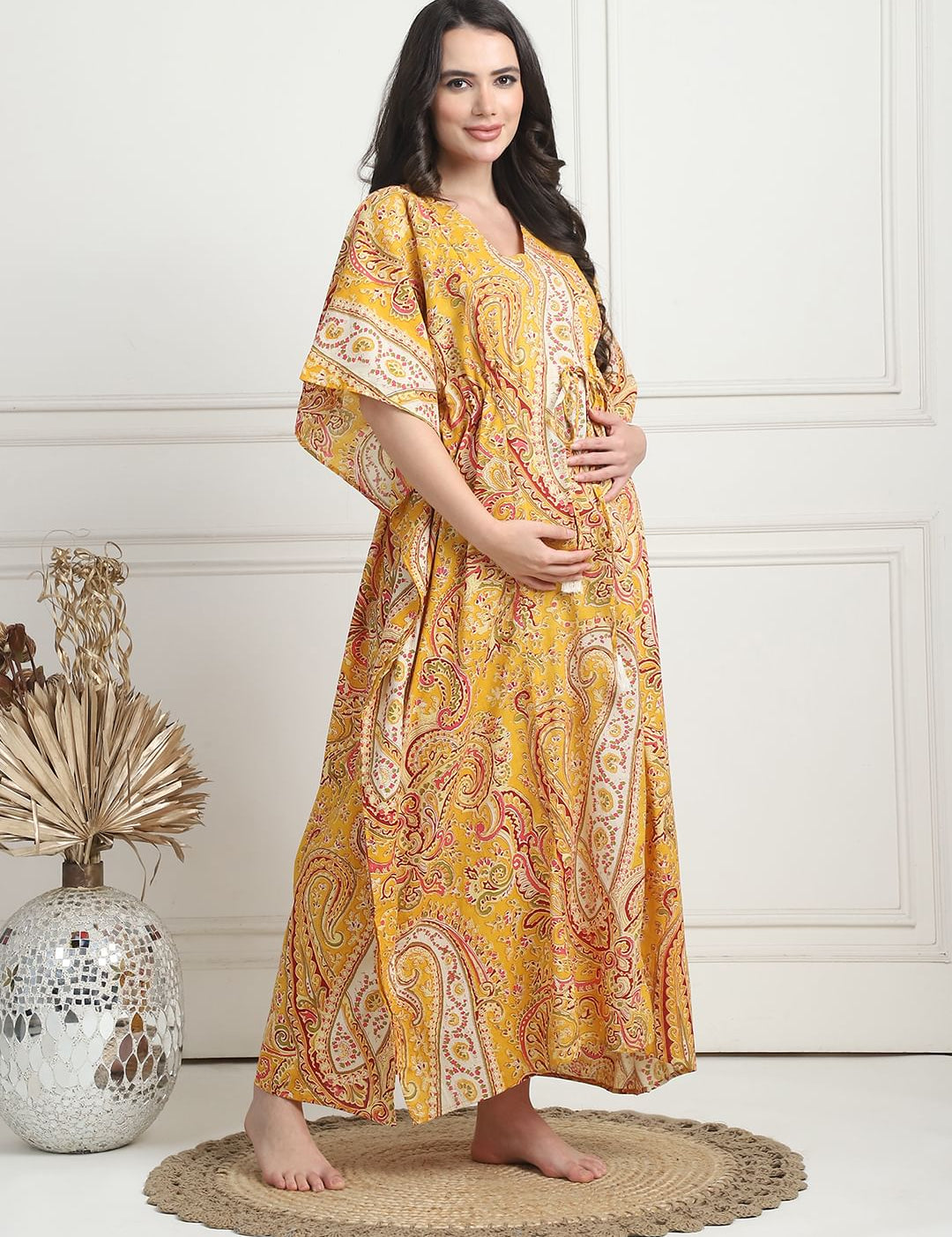 Printed Yellow Cotton Maternity Kaftan Full Length