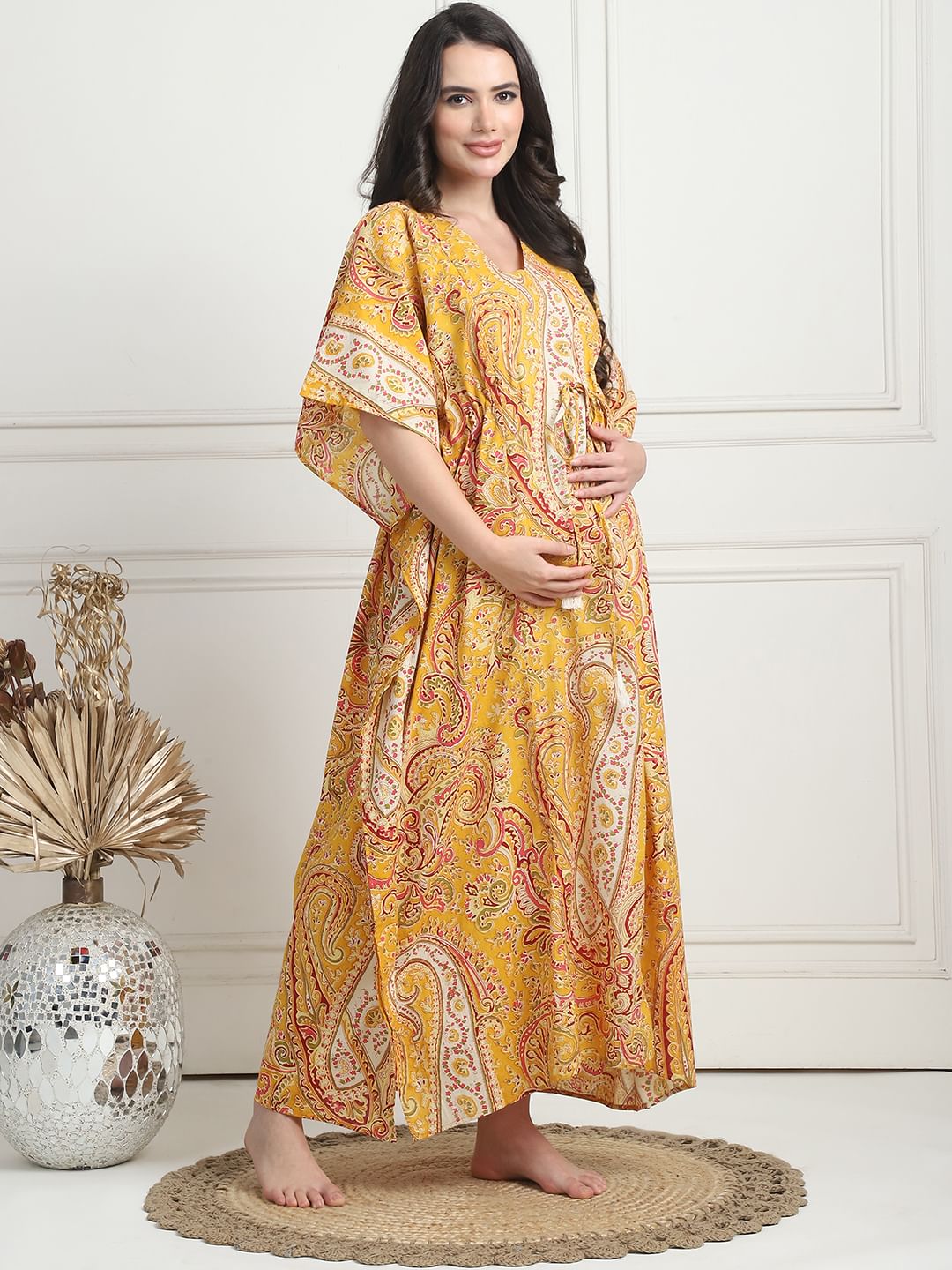 Printed Yellow Cotton Maternity Kaftan Full Length
