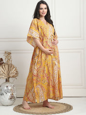 Printed Yellow Cotton Maternity Kaftan Full Length