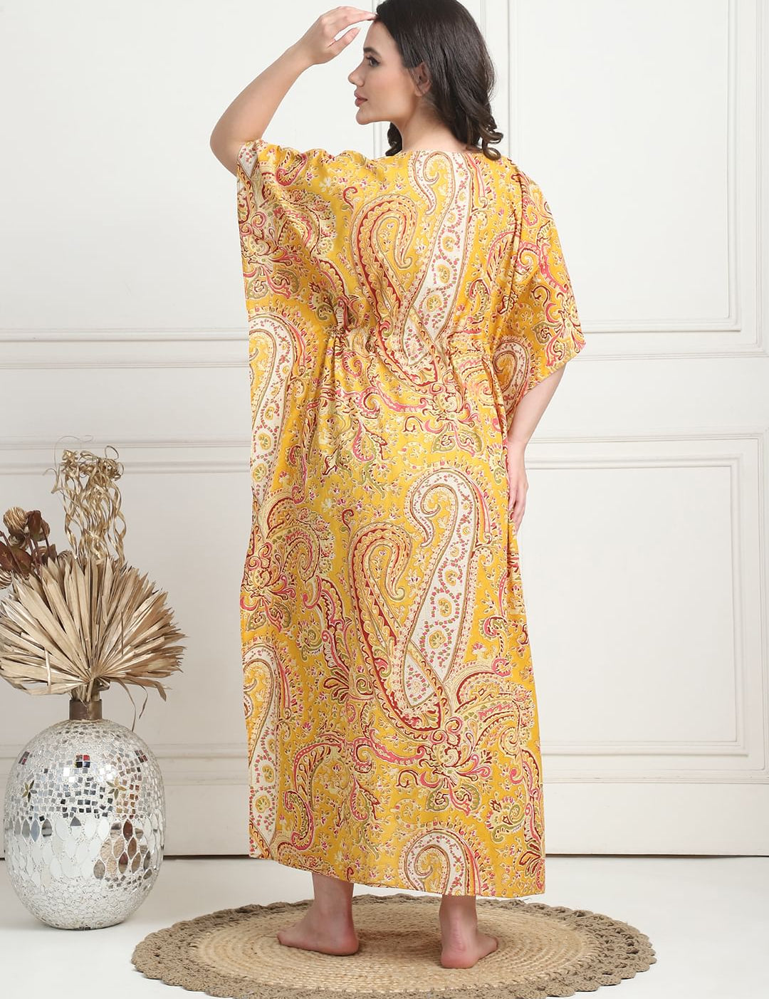 Printed Yellow Cotton Maternity Kaftan Full Length