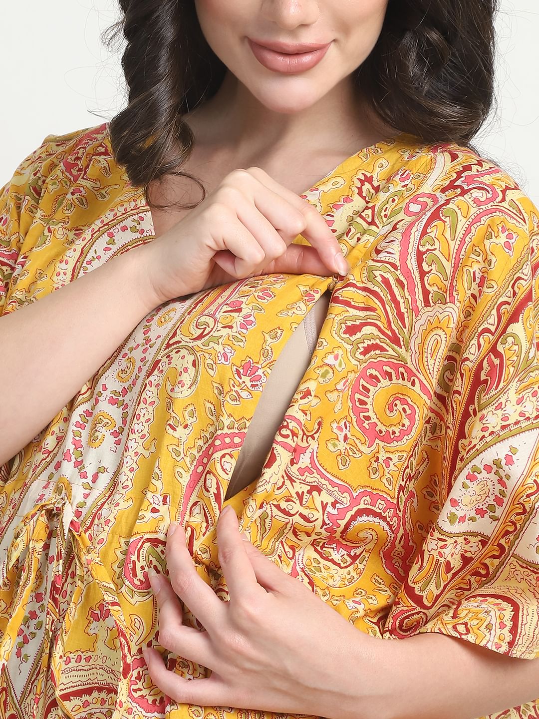 Printed Yellow Cotton Maternity Kaftan Full Length