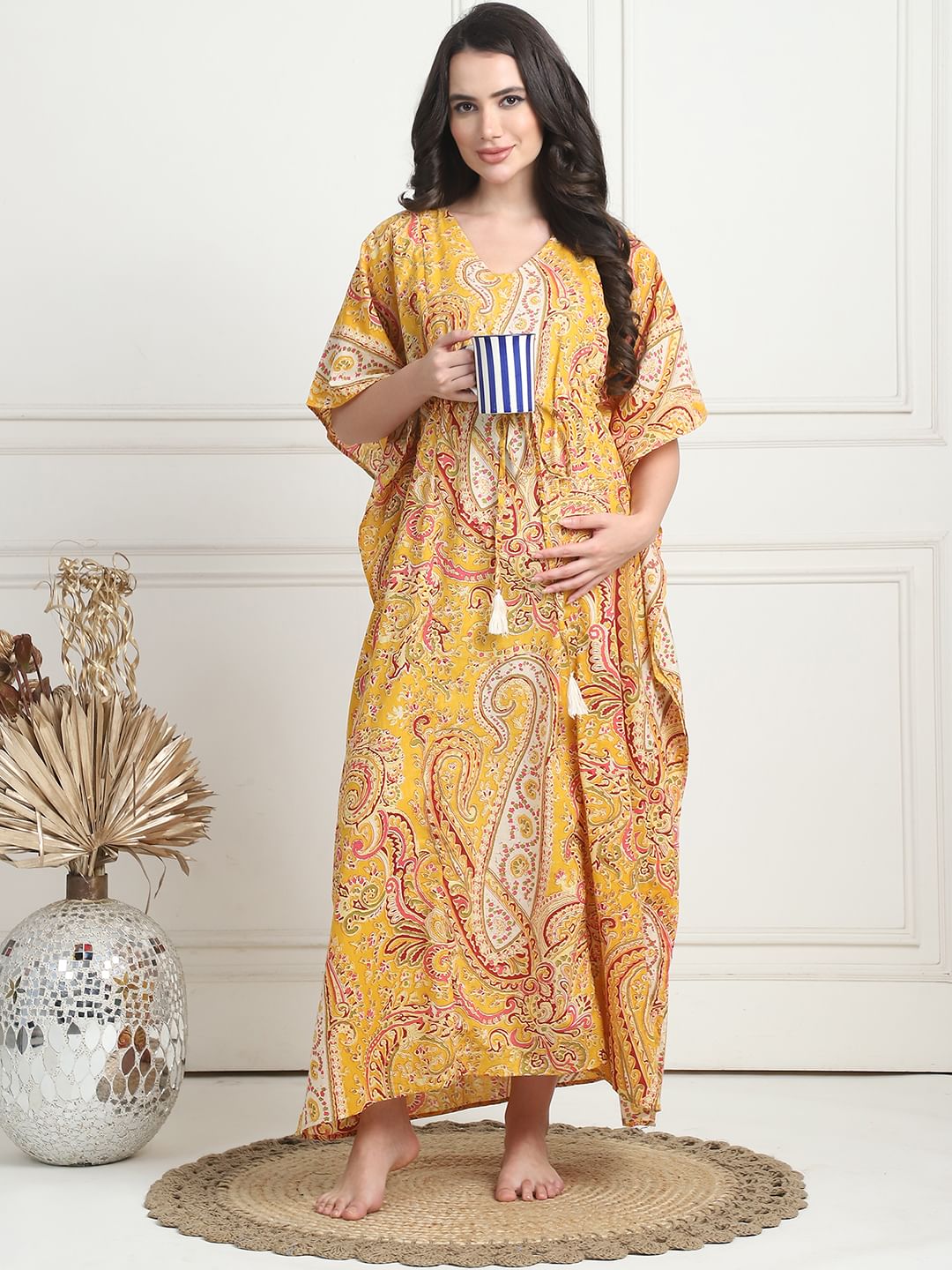 Printed Yellow Cotton Maternity Kaftan Full Length