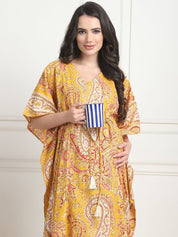 Printed Yellow Cotton Maternity Kaftan Full Length