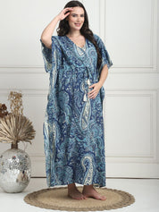 Printed Blue Cotton Maternity Kaftan Full Length