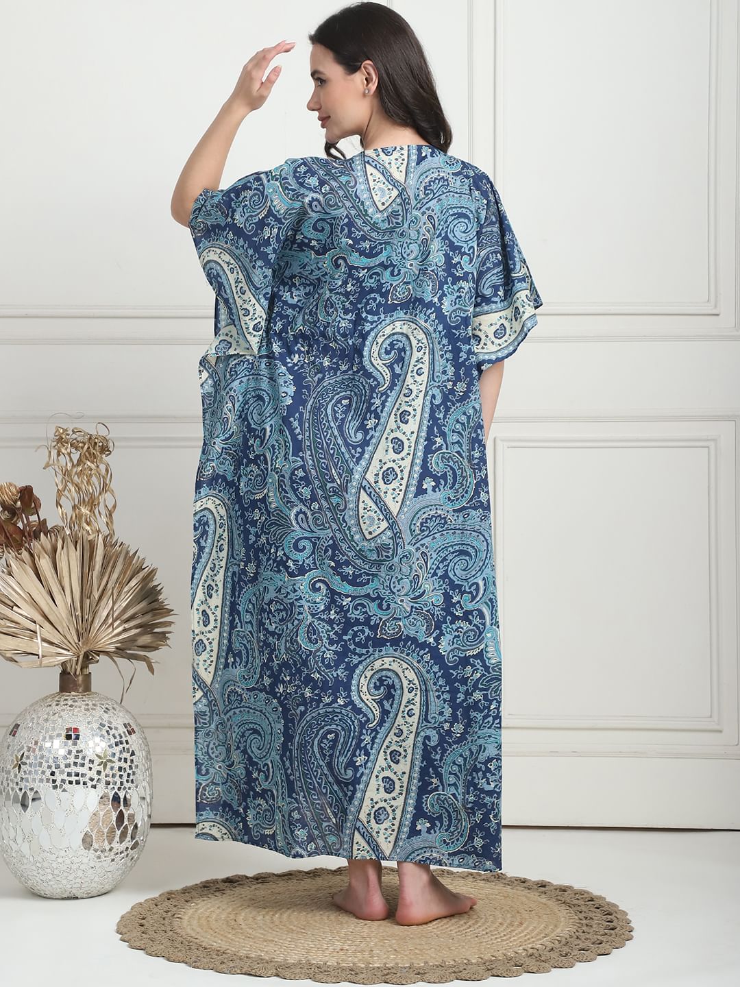 Printed Blue Cotton Maternity Kaftan Full Length
