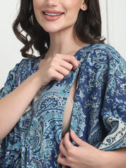Printed Blue Cotton Maternity Kaftan Full Length