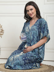 Printed Blue Cotton Maternity Kaftan Full Length