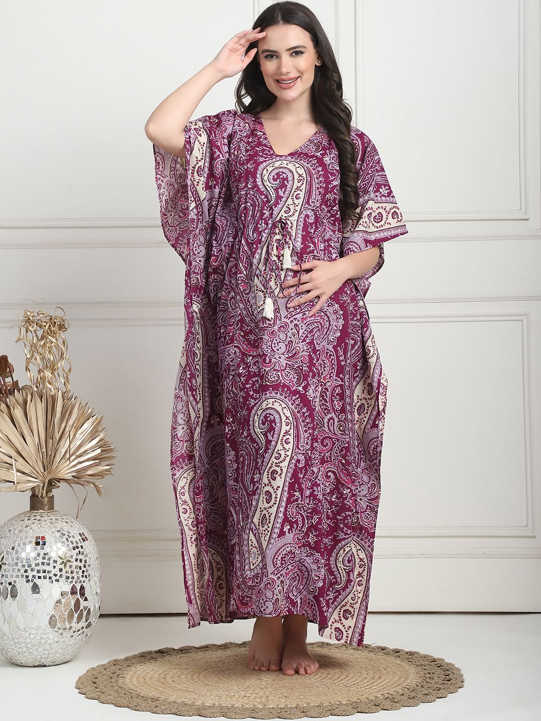 Printed Purple Cotton Maternity Kaftan Full Length