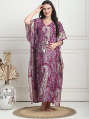 Printed Purple Cotton Maternity Kaftan Full Length