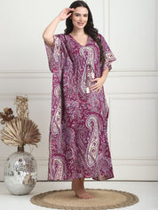 Printed Purple Cotton Maternity Kaftan Full Length